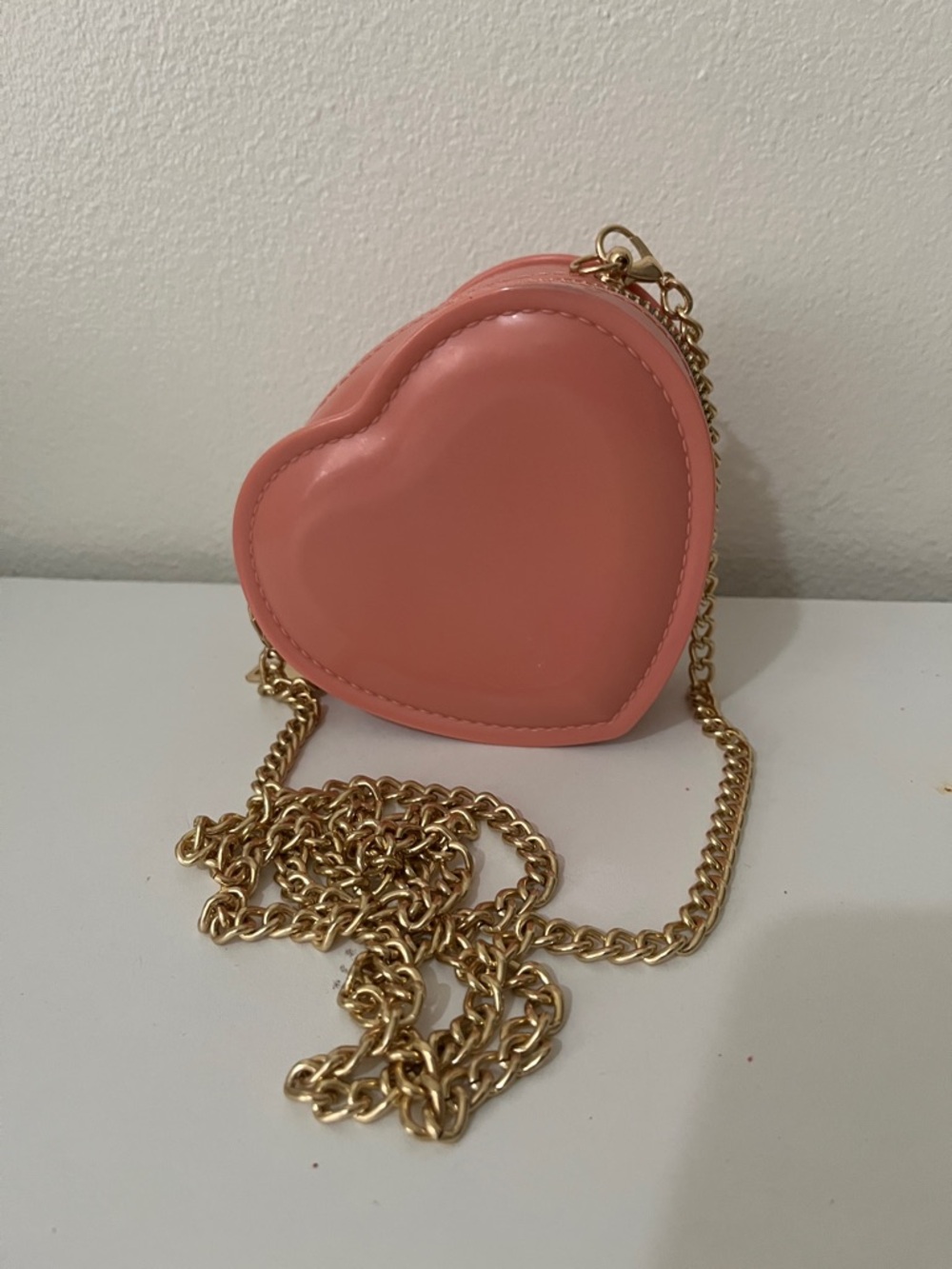 Heart-Shaped Crossbody Bag in Coral Pink with Gold Chain